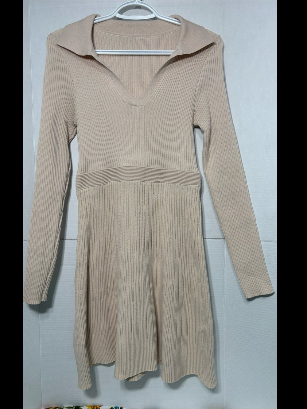 SHEIN Womenβs Neutral Beige Ribbed Knit Long-Sleeve Sweater Dress Fall Mini